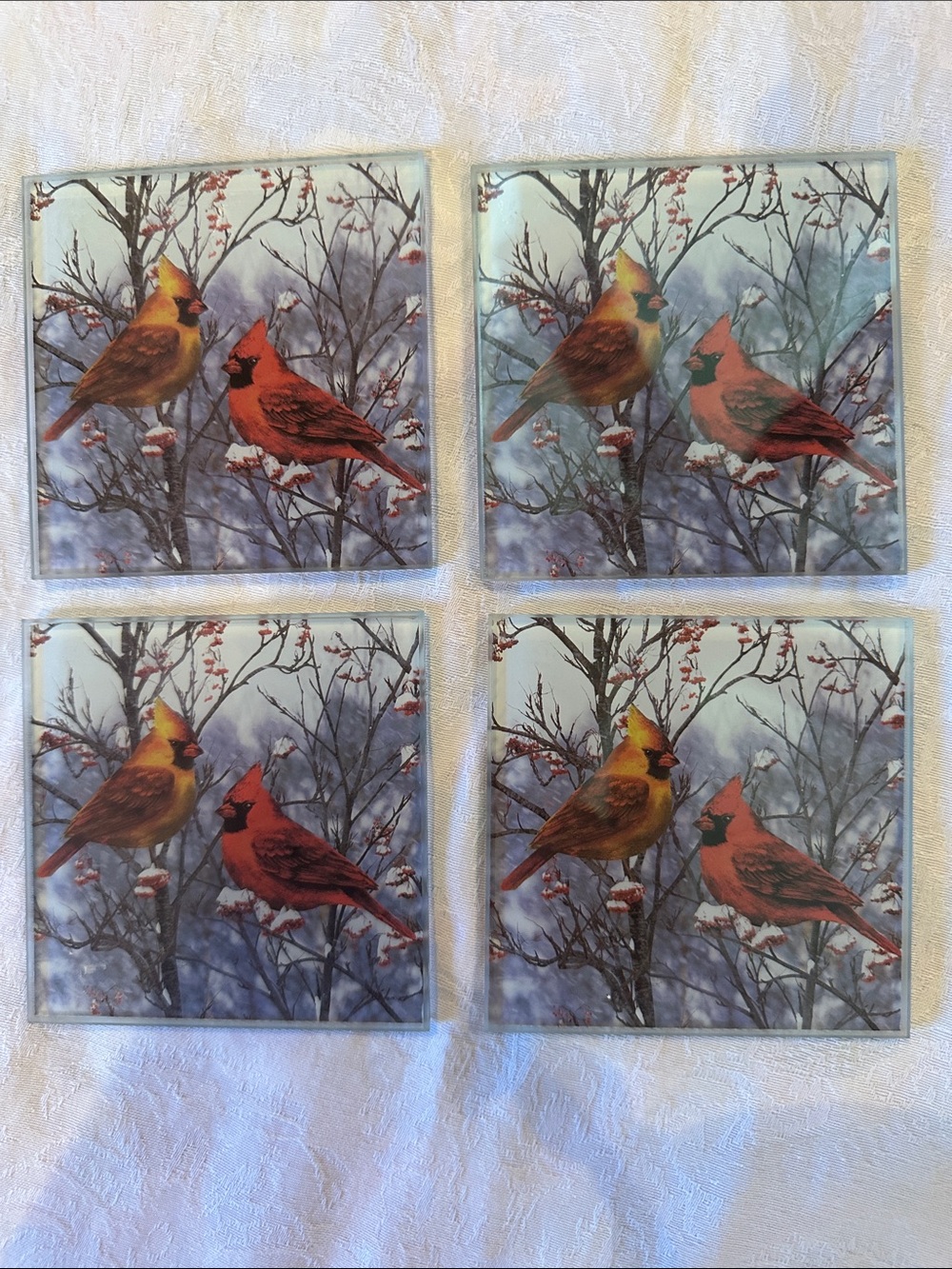 Glass Cardinal Coasters Vintage - Red & Yellow Set of 4